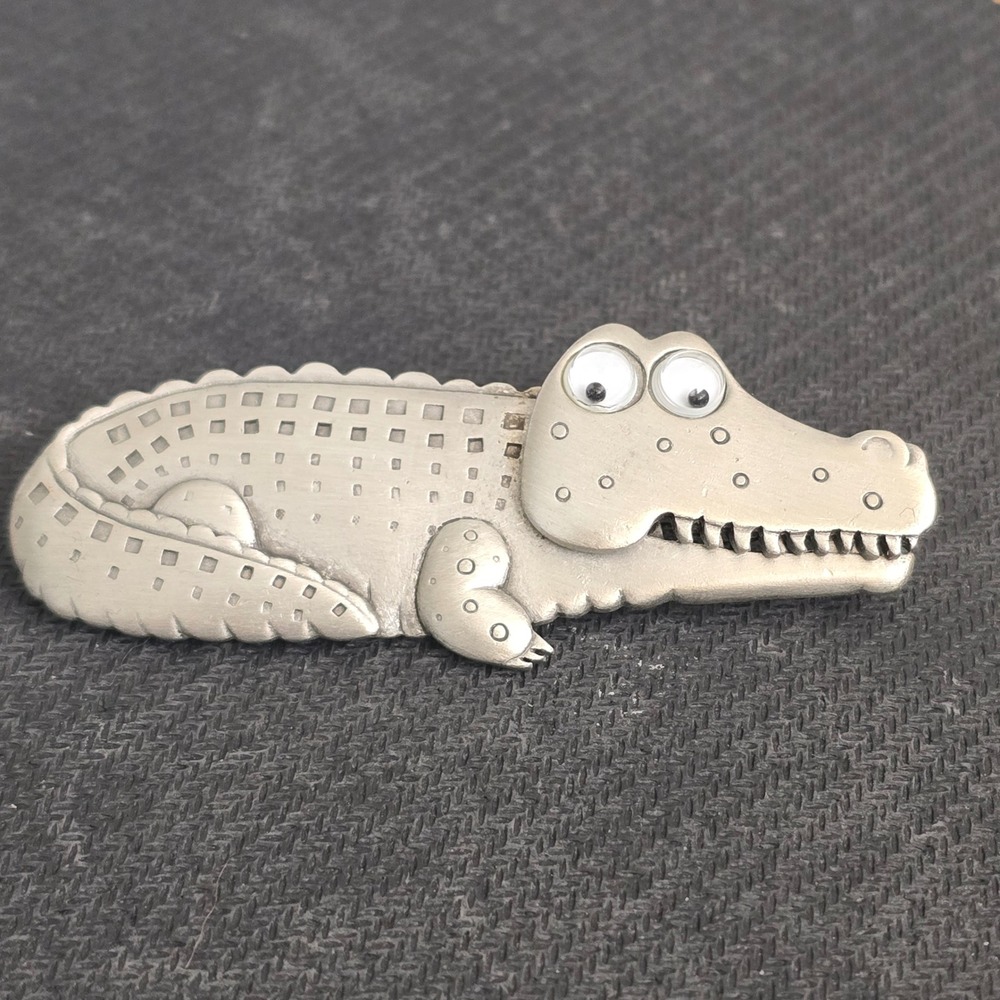Vintage JJ Jonette Jewelry Pewter Alligator Movable Jaw Bird Brooch Pin